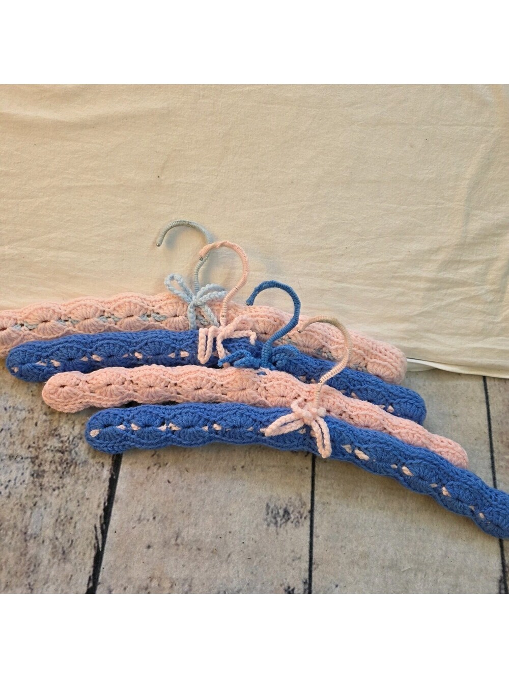 Crochet Yarn Covered Wooden Hangers Colorful Vintage 4 Handmade Metal Hooks